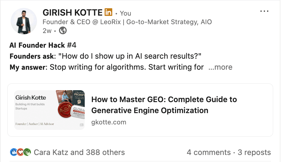 LinkedIn post about AI Founder Hack - How to show up in AI search results