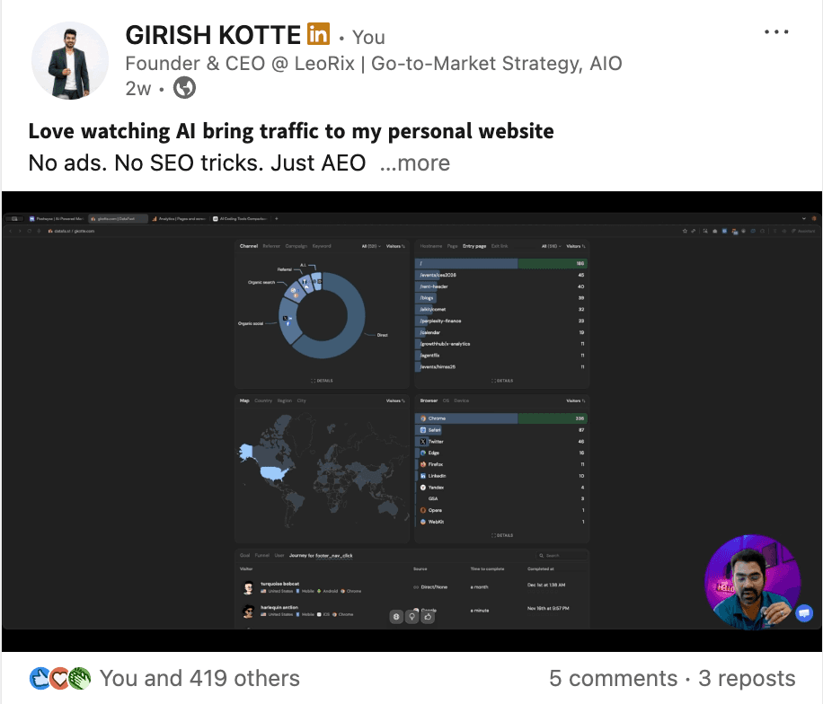 LinkedIn post about AI bringing traffic with no ads or SEO tricks
