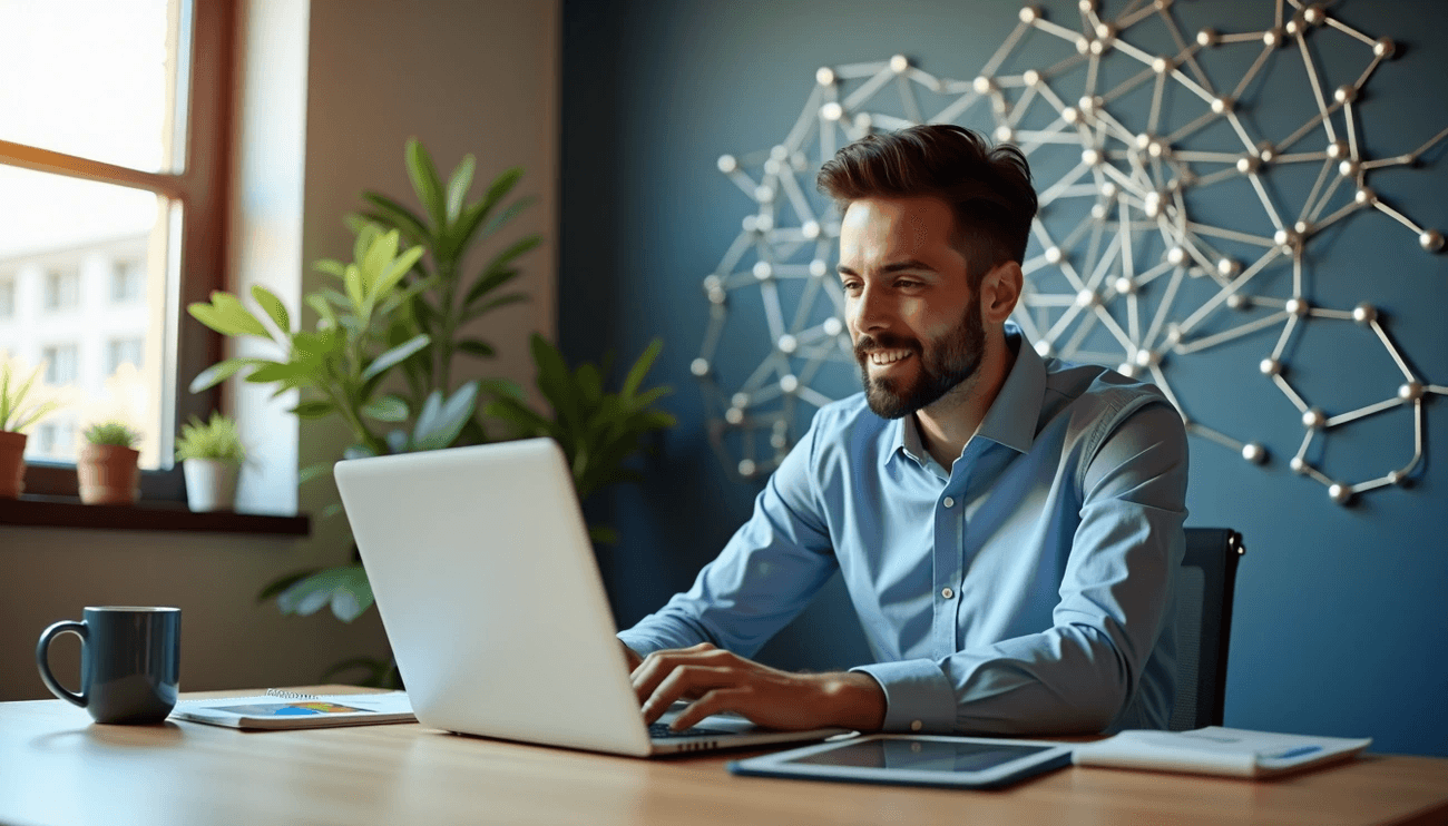 Entrepreneur working on a laptop at a desk in a modern office with plants and a network-themed wall decoration