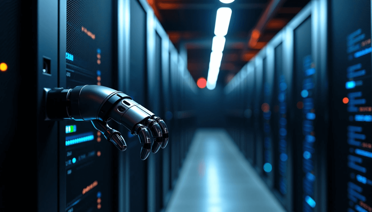 Robotic hand emerging from a server rack in a futuristic data center corridor with glowing blue lights