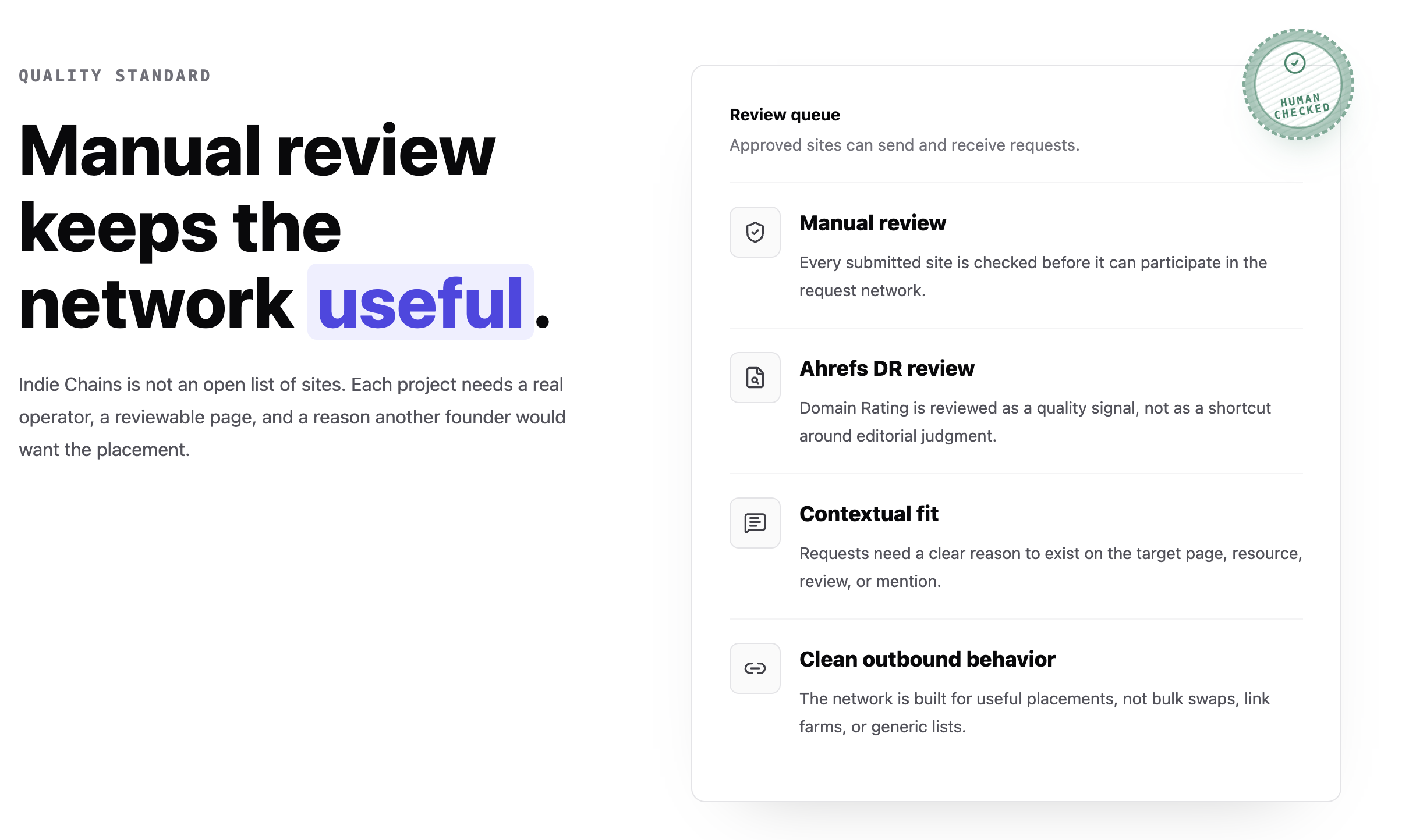 Indie Chains' quality standard: every site passes manual review, an Ahrefs DR check, contextual-fit screening, and clean outbound behavior before it can join the request network.