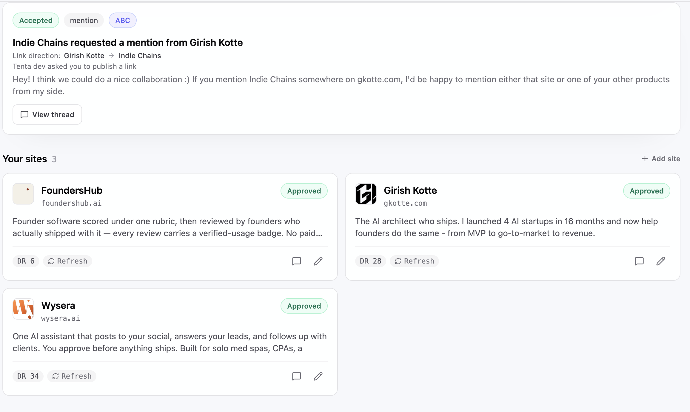 A real collaboration request inside Indie Chains: a specific, context-rich ask tied to the exact page it fits, with both founders' approved sites in view.