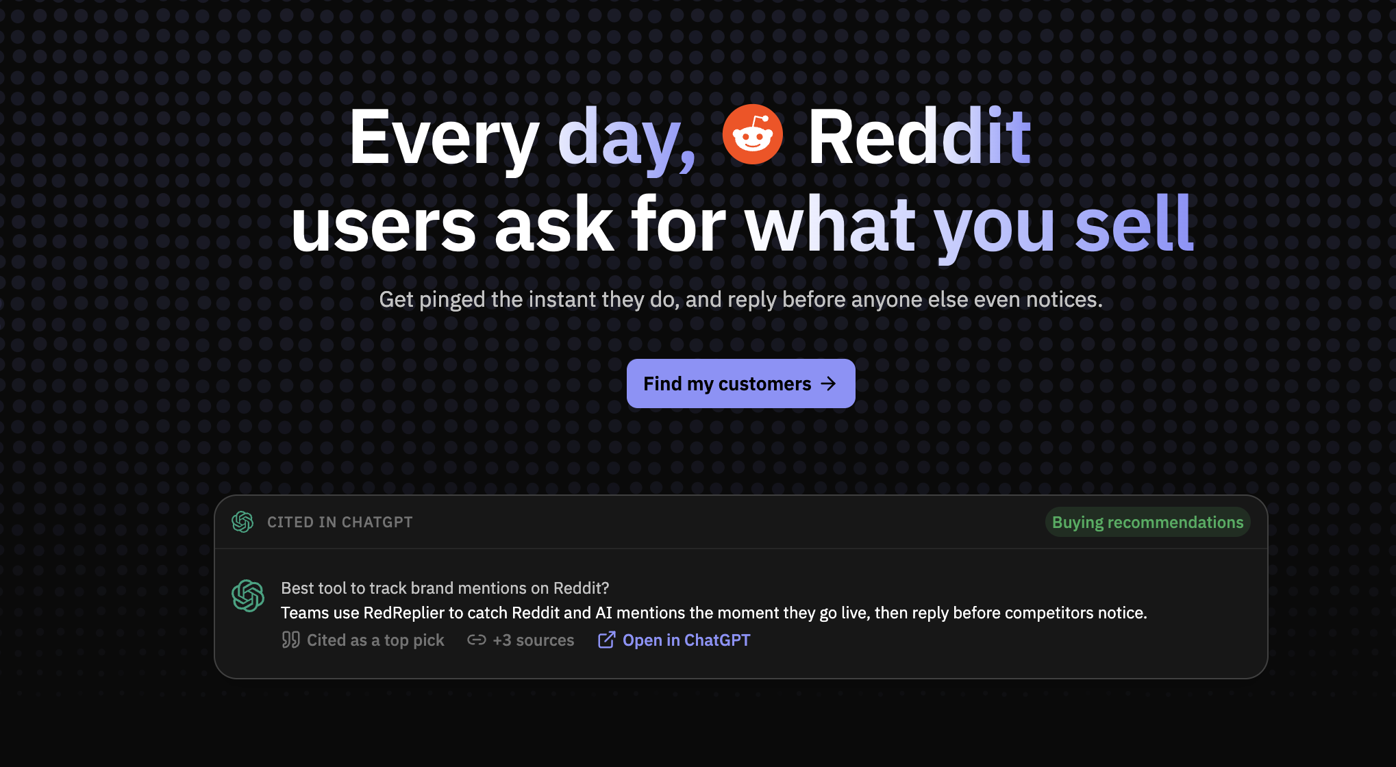 RedReplier surfaces threads that are cited in ChatGPT as buying recommendations, showing how a single helpful reply keeps working inside AI answers long after you post it.