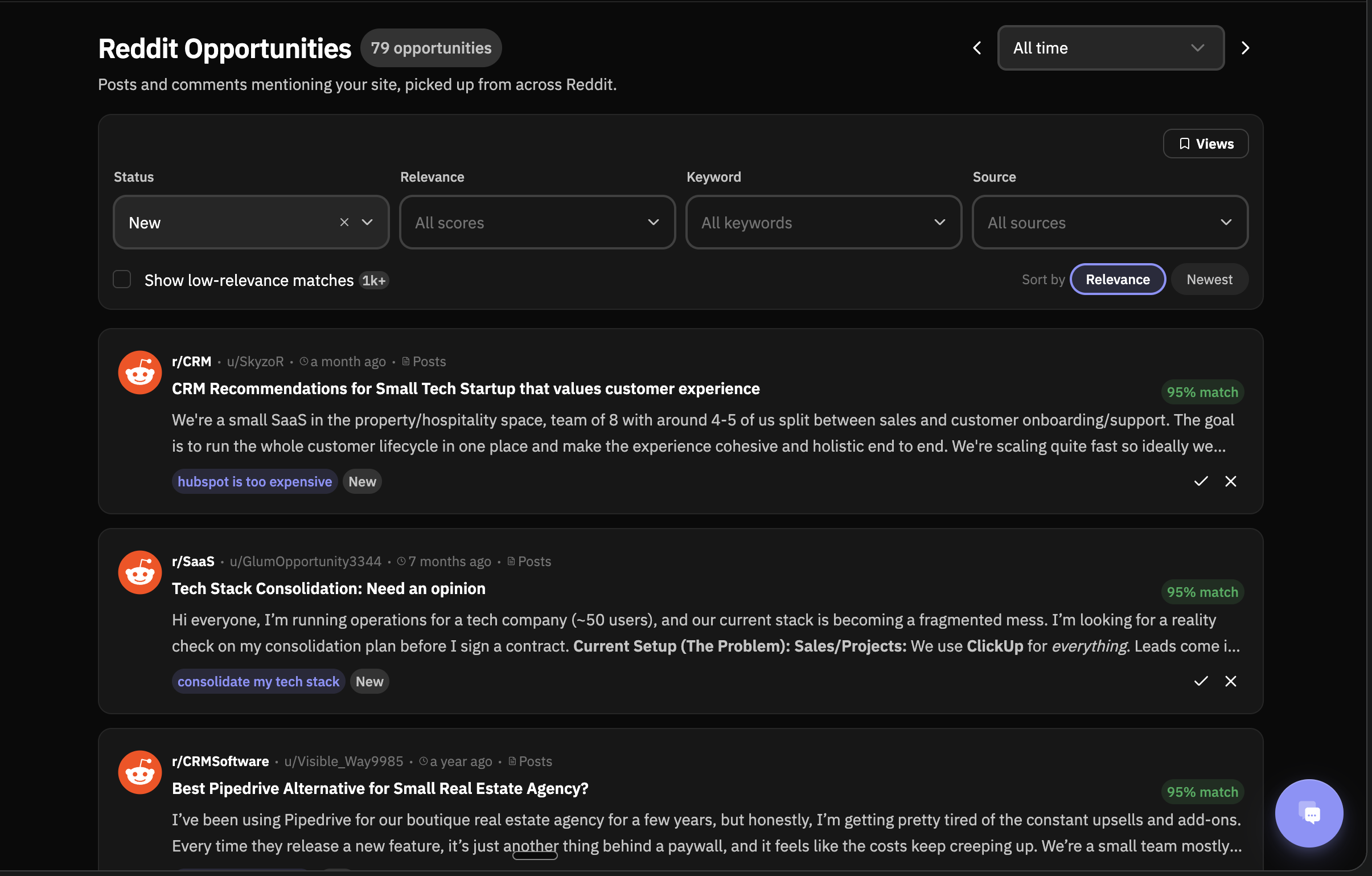 The RedReplier opportunities feed: real Reddit posts and comments mentioning your space, each scored by relevance and buyer intent so you can act on the best ones first.