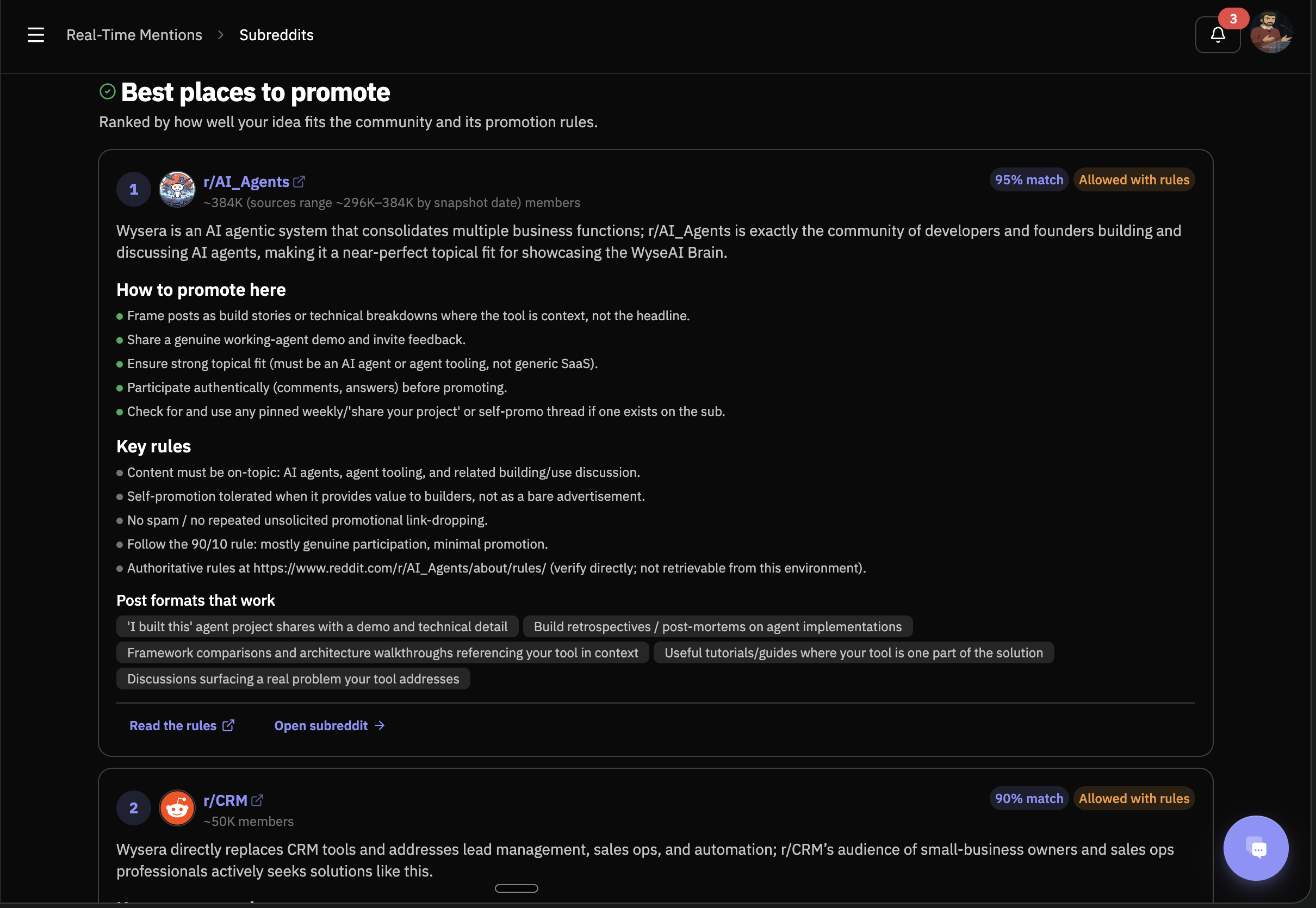 RedReplier ranks the best communities to engage in and spells out each one's promotion rules, including the 90/10 genuine-participation ratio, so you contribute the right way instead of getting banned.